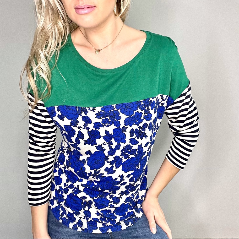 Boden Green, Blue, White Floral & Striped Top 10
